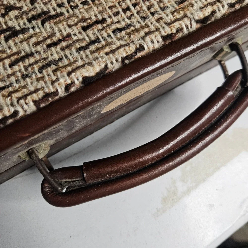 Vintage Hardshell Tweed Suitcase Brown Chevron Woven Luggage with Keys 1960s